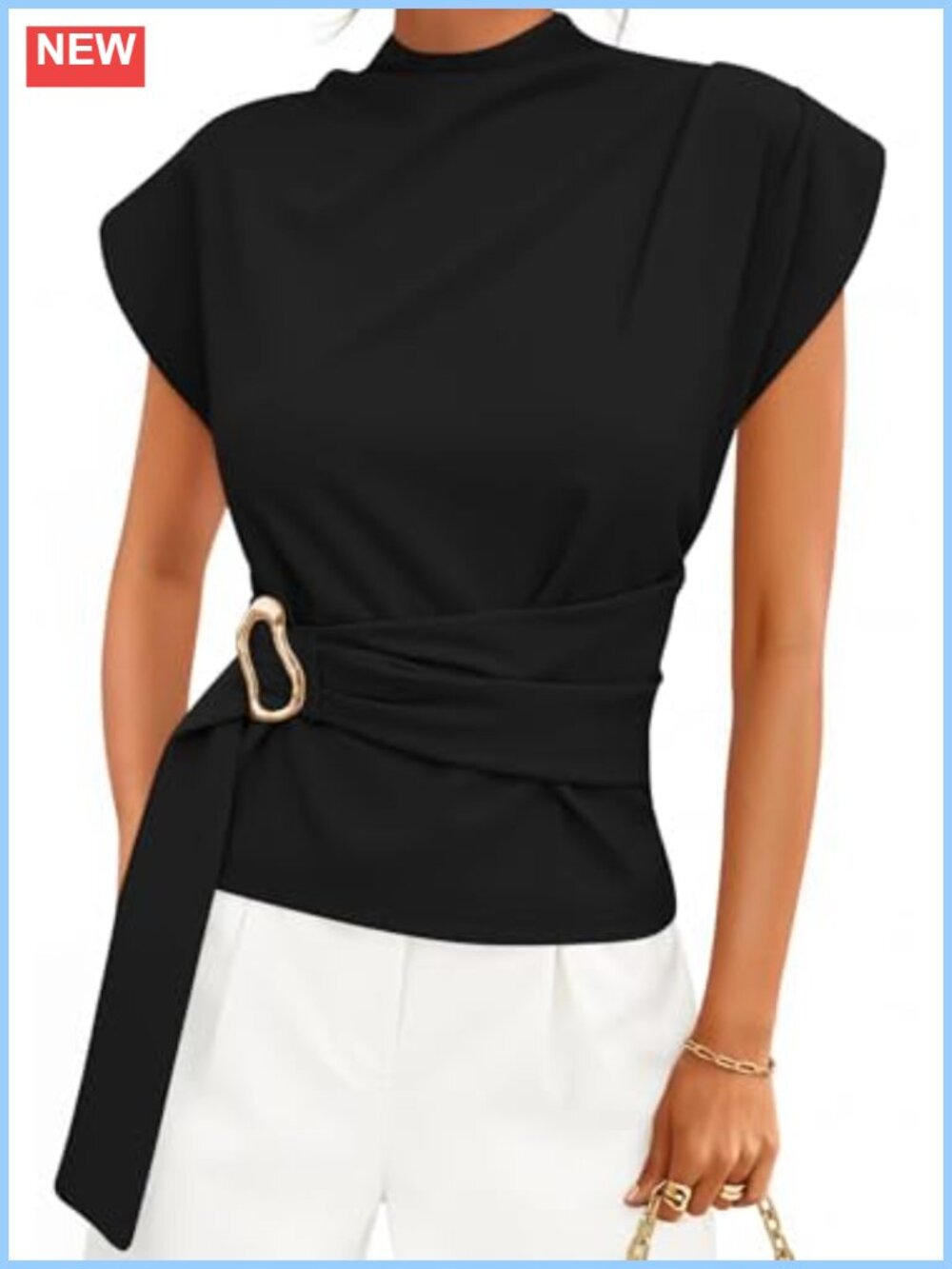 Women's Mock Neck Cap Sleeve Blouse with Belt Back Zip